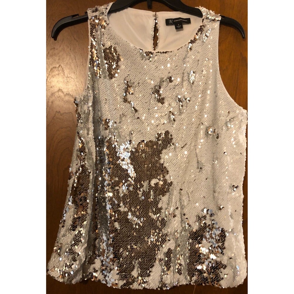 Women's INC Silver and White Sequence Tank Top Size S NWT B1